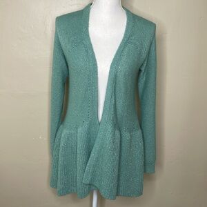 ELLE Cardigan Sweater Green Silver Fleck Ribbed Ruffle Hem Open Front